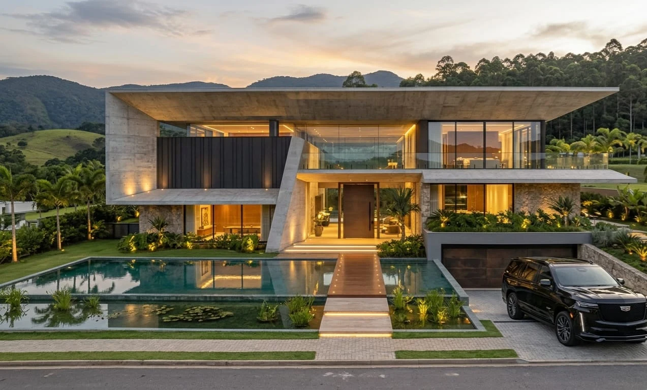 Projeto residencial NAVS com amplos planos de concreto, vidro e paisagismo